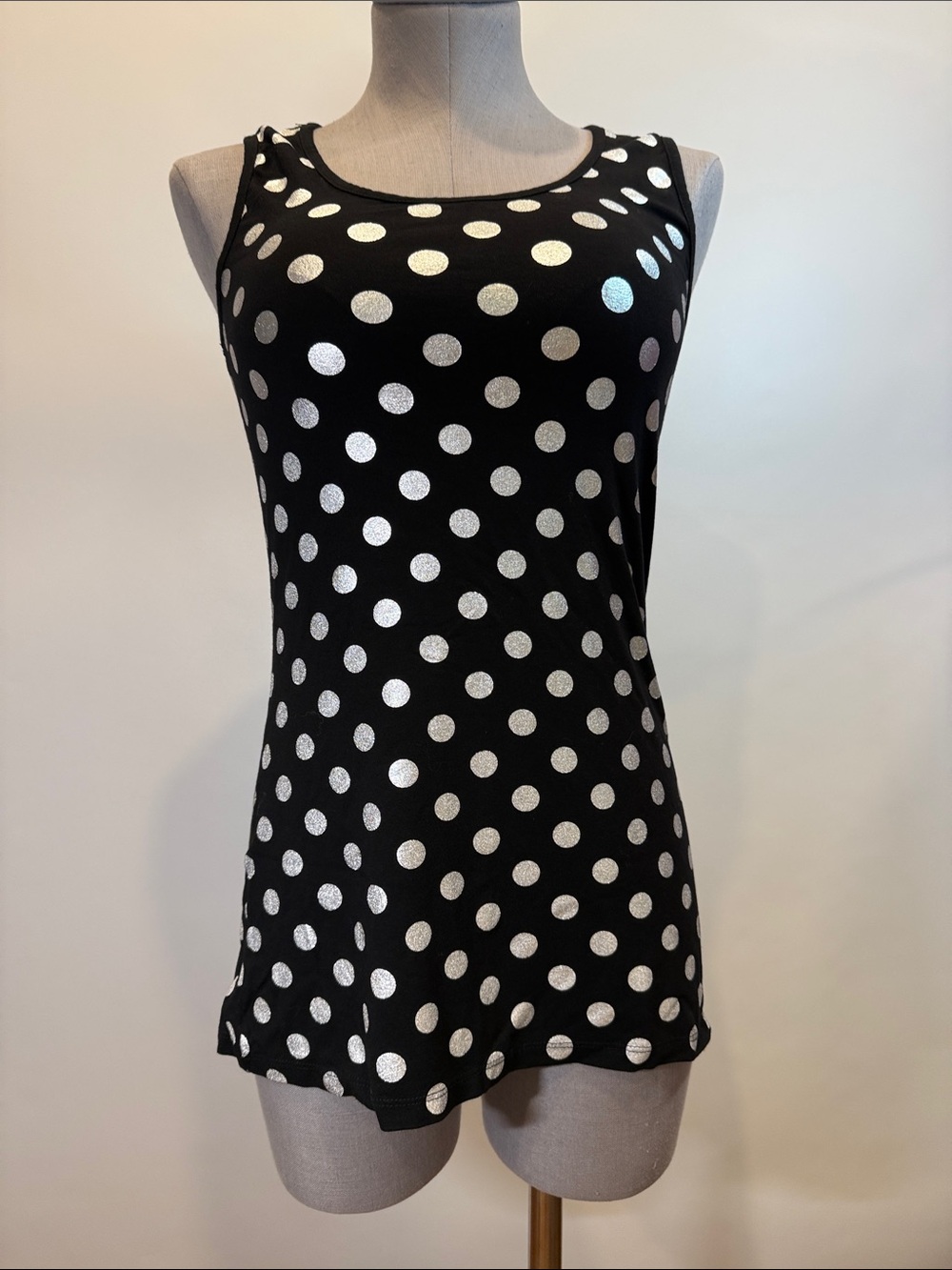 Jane & John Black Tank Top | Fits Small | Silver Polka Dot Print